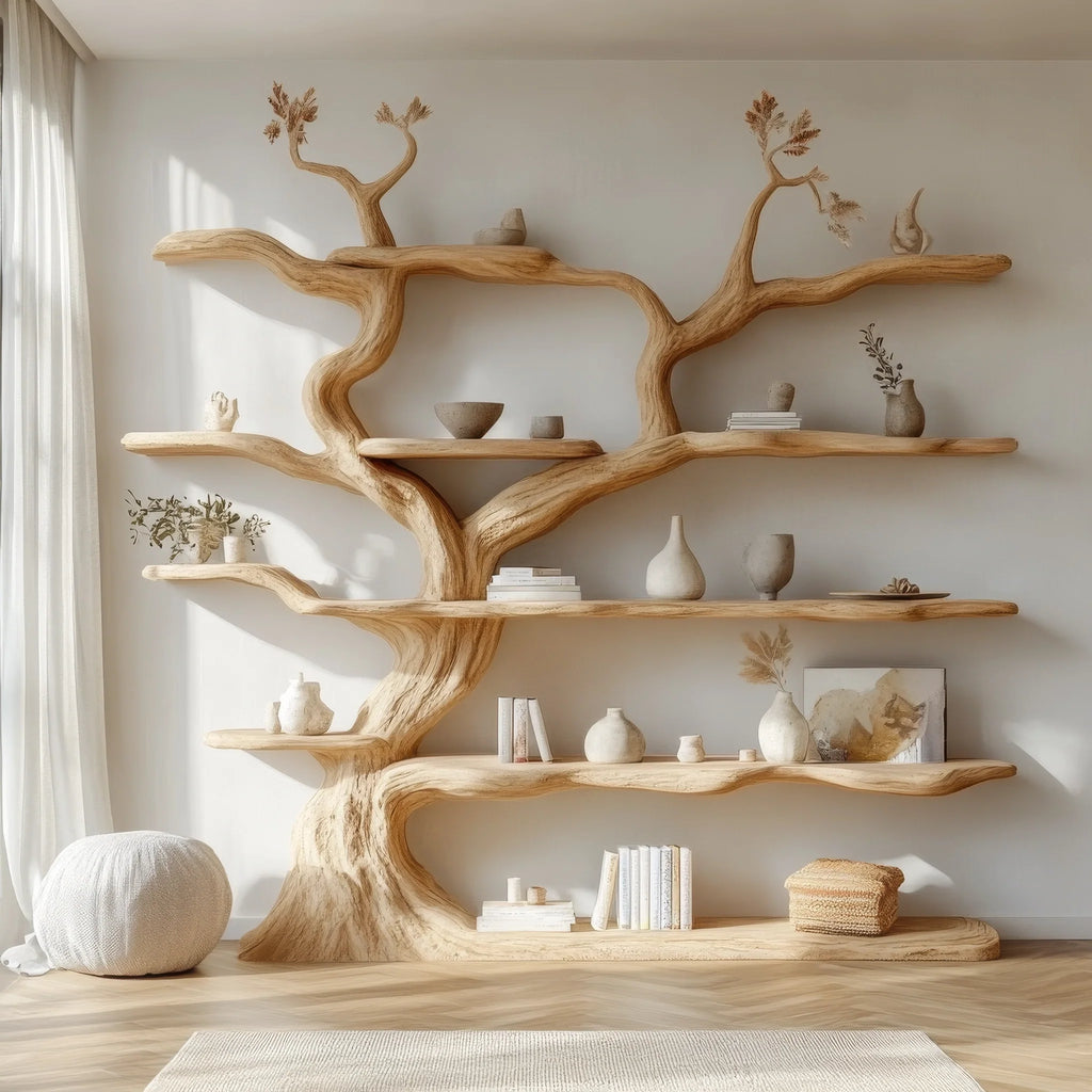 Sculpted Solid Wood Tree Bookshelf with Wall-Spanning Branch Shelves