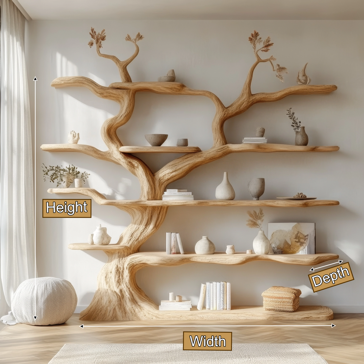 Sculpted Solid Wood Tree Bookshelf with Wall-Spanning Branch Shelves - view 2