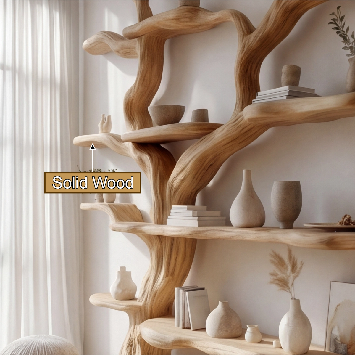 Sculpted Solid Wood Tree Bookshelf with Wall-Spanning Branch Shelves - view 6