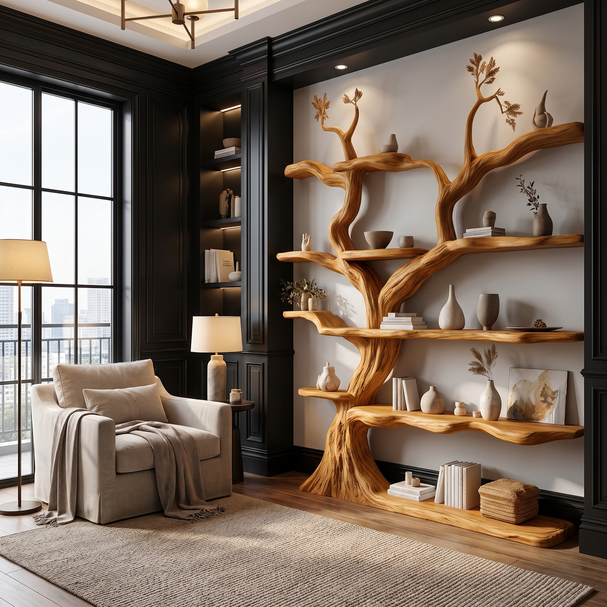Sculpted Solid Wood Tree Bookshelf with Wall-Spanning Branch Shelves in Teak finish