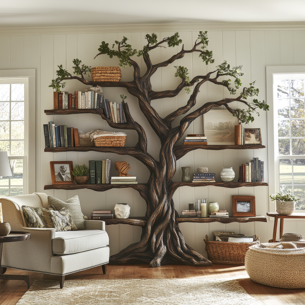 Ancient Tree Solid Hardwood Bookshelf with Bark-Carved Trunk