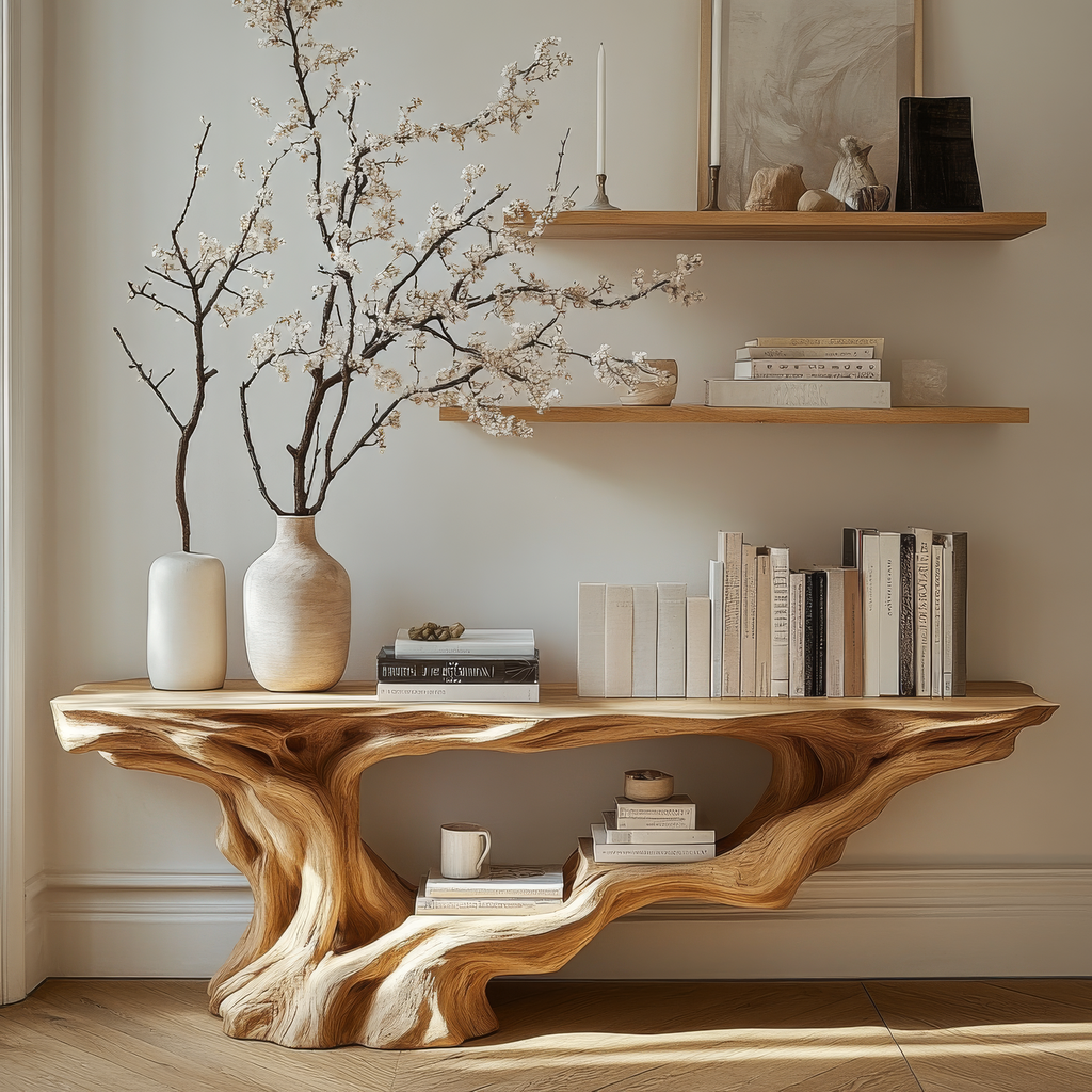 Solid Wood Console Table with Root-Inspired Sculpted Open Base
