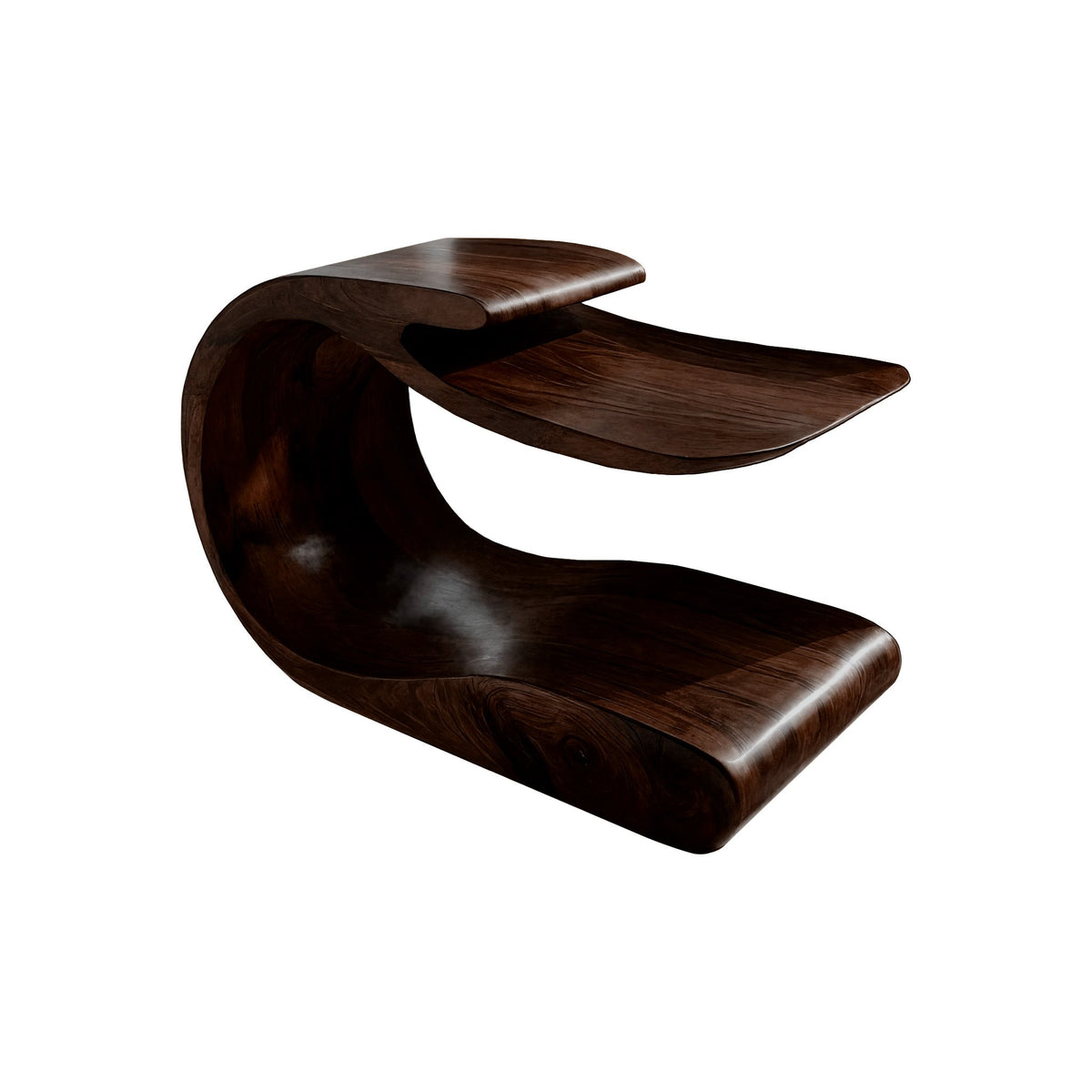 Handcrafted Solid Wood C-Shaped Side Table with Lower Shelf in Dark Walnut finish