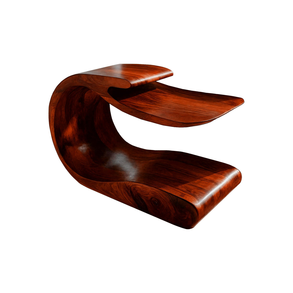 Handcrafted Solid Wood C-Shaped Side Table with Lower Shelf in Mahogany finish