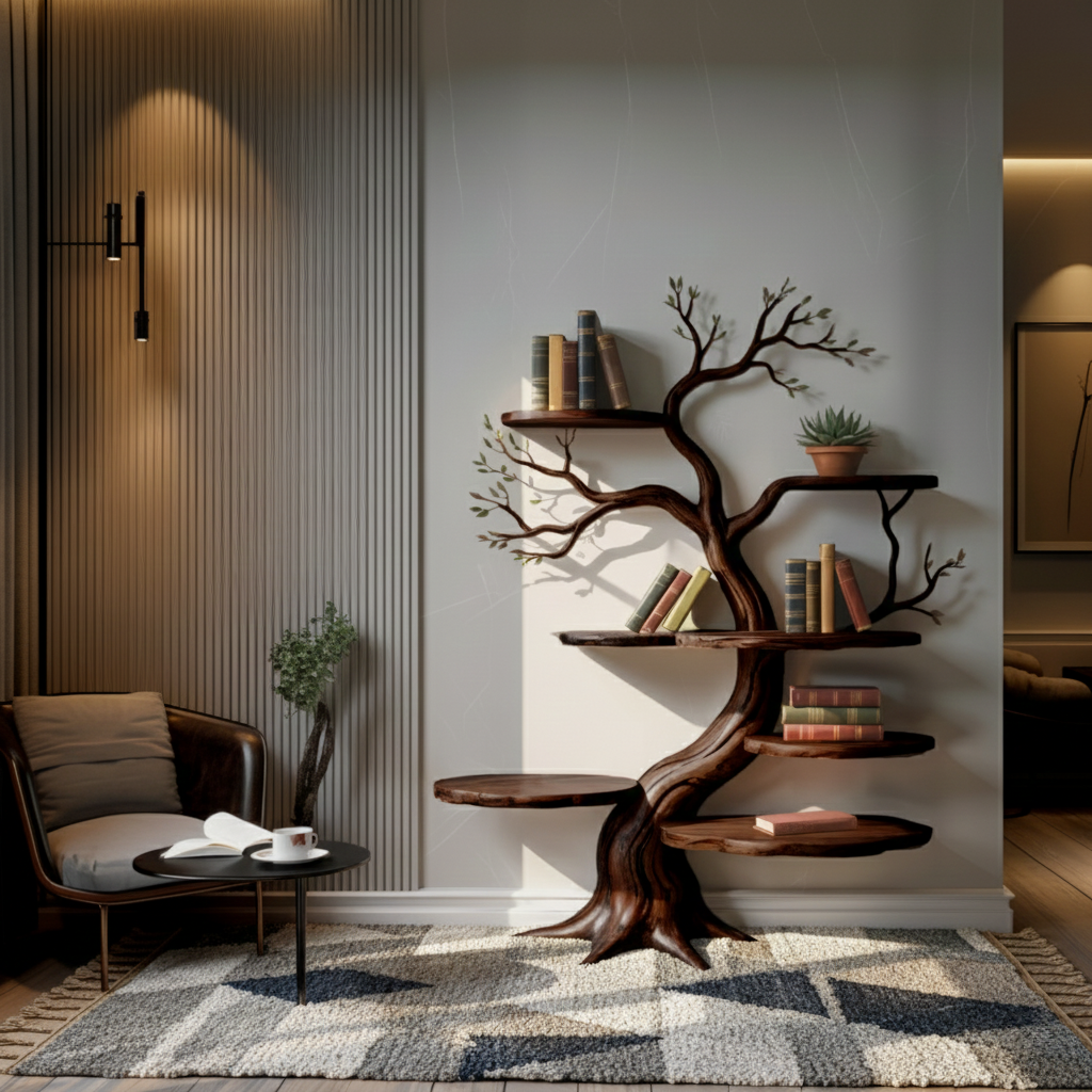 Sculpted Solid Timber Tree Bookshelf with Asymmetrical Shelves - view 4