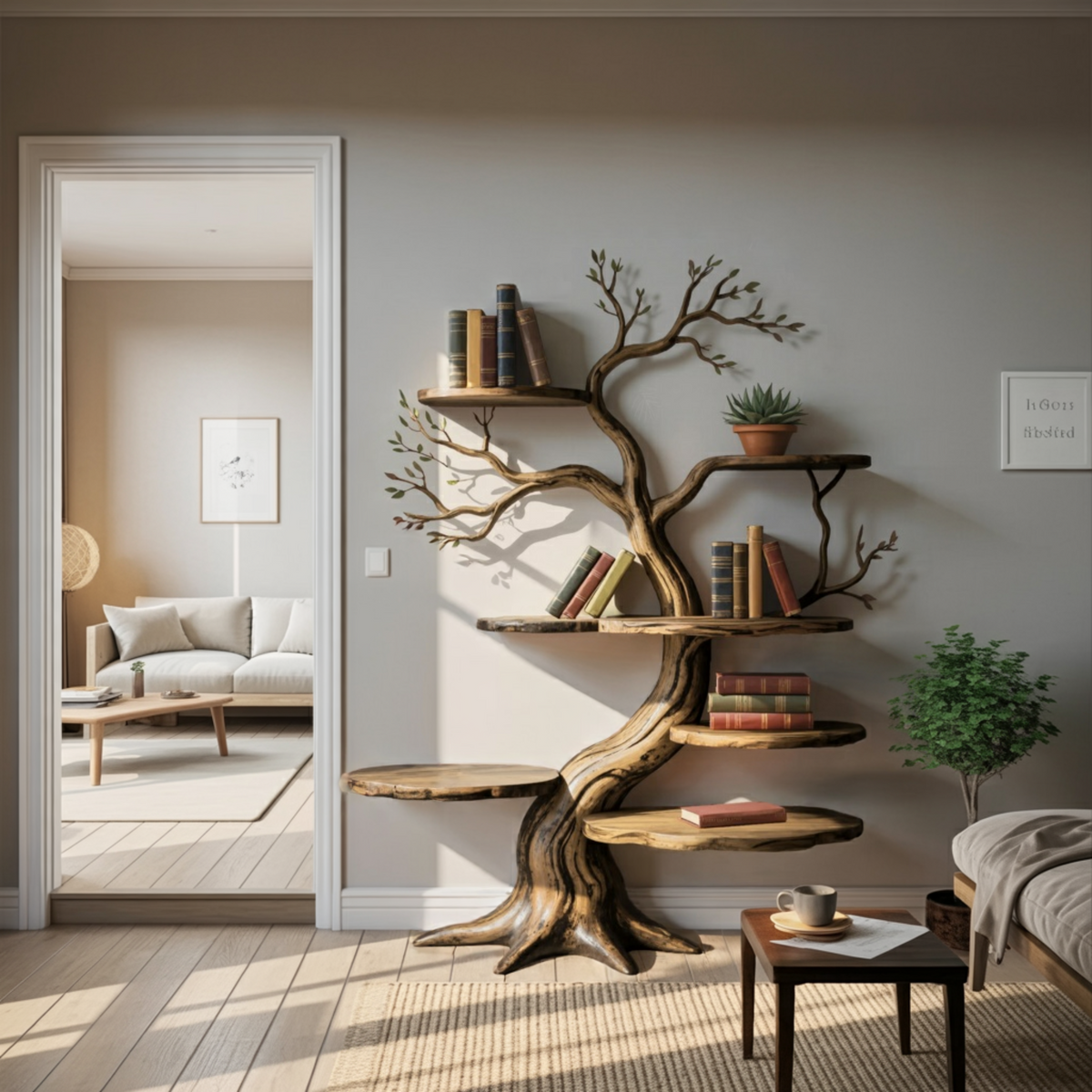 Sculpted Solid Timber Tree Bookshelf with Asymmetrical Shelves - view 3