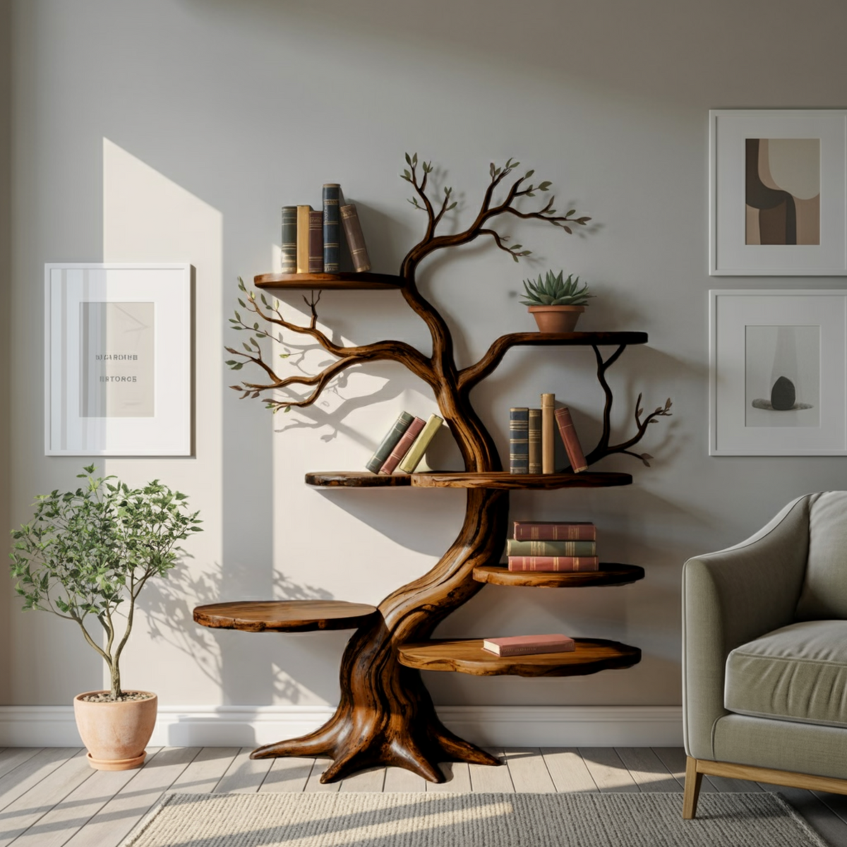 Sculpted Solid Timber Tree Bookshelf with Asymmetrical Shelves - view 2
