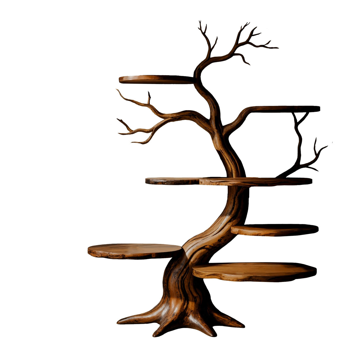 Sculpted Solid Timber Tree Bookshelf with Asymmetrical Shelves in Brown finish