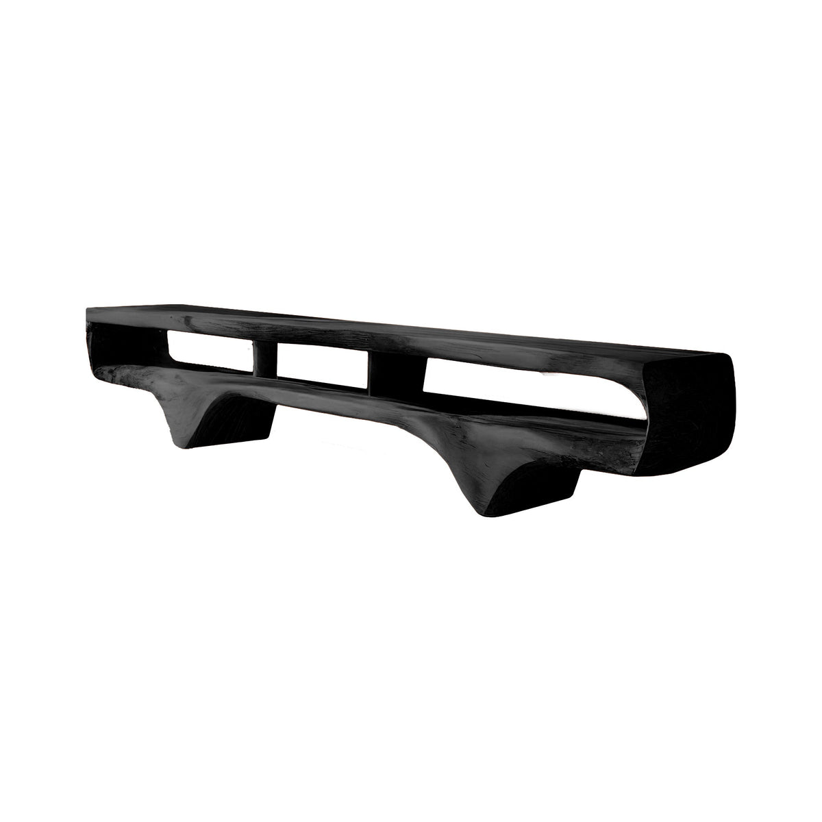 Solid Wood Sculptural TV Console with Wave Profile and Open Shelves in Black finish