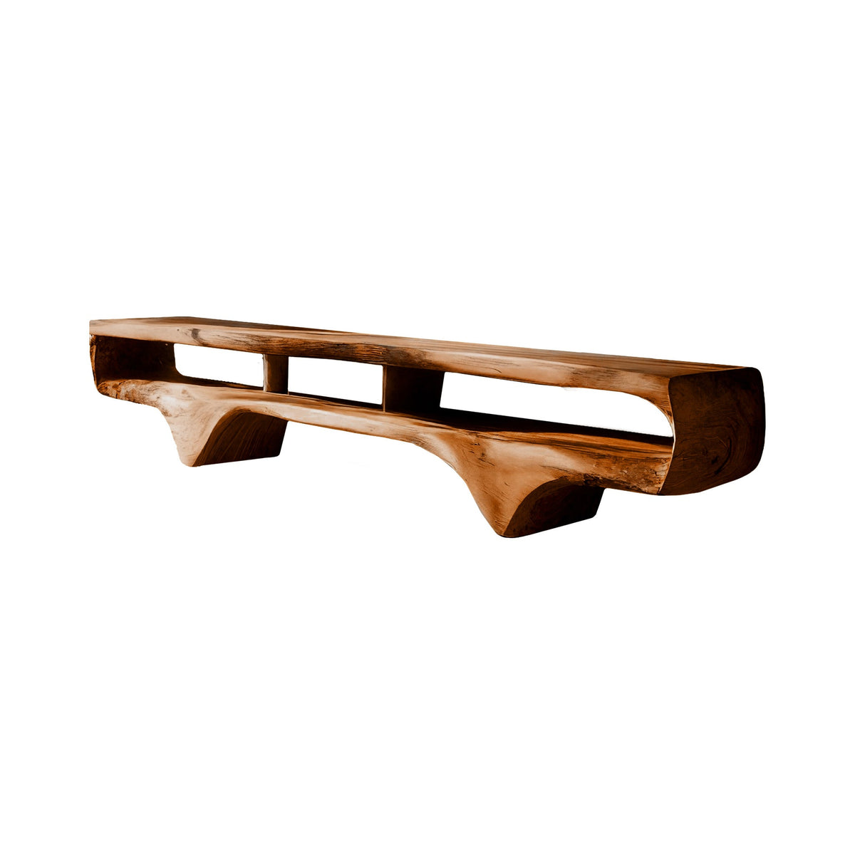 Solid Wood Sculptural TV Console with Wave Profile and Open Shelves in Brown finish