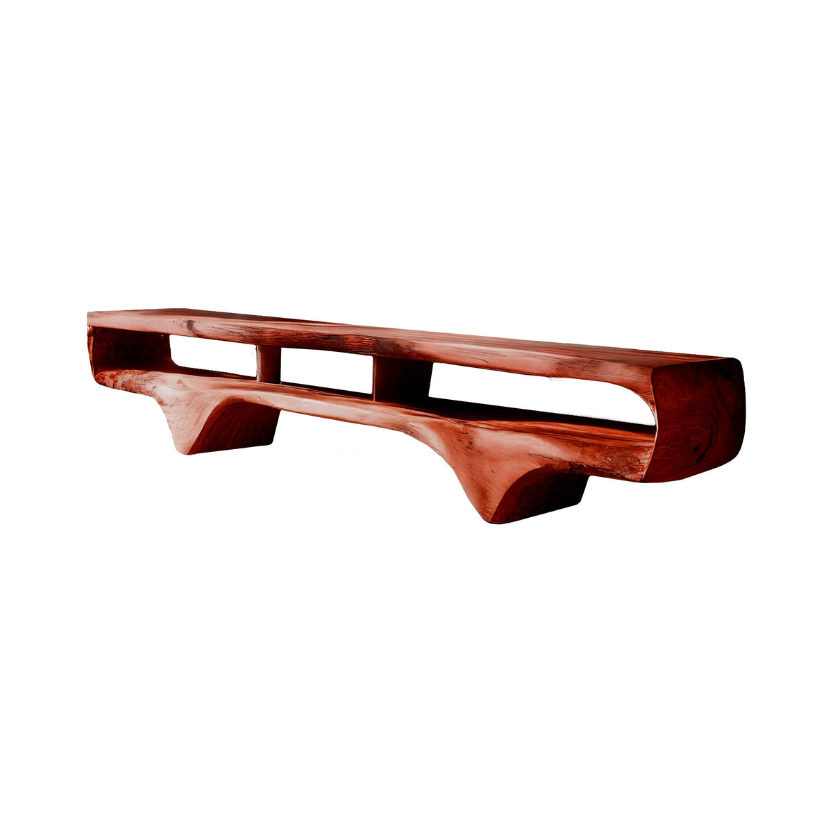 Solid Wood Sculptural TV Console with Wave Profile and Open Shelves in Mahogany finish