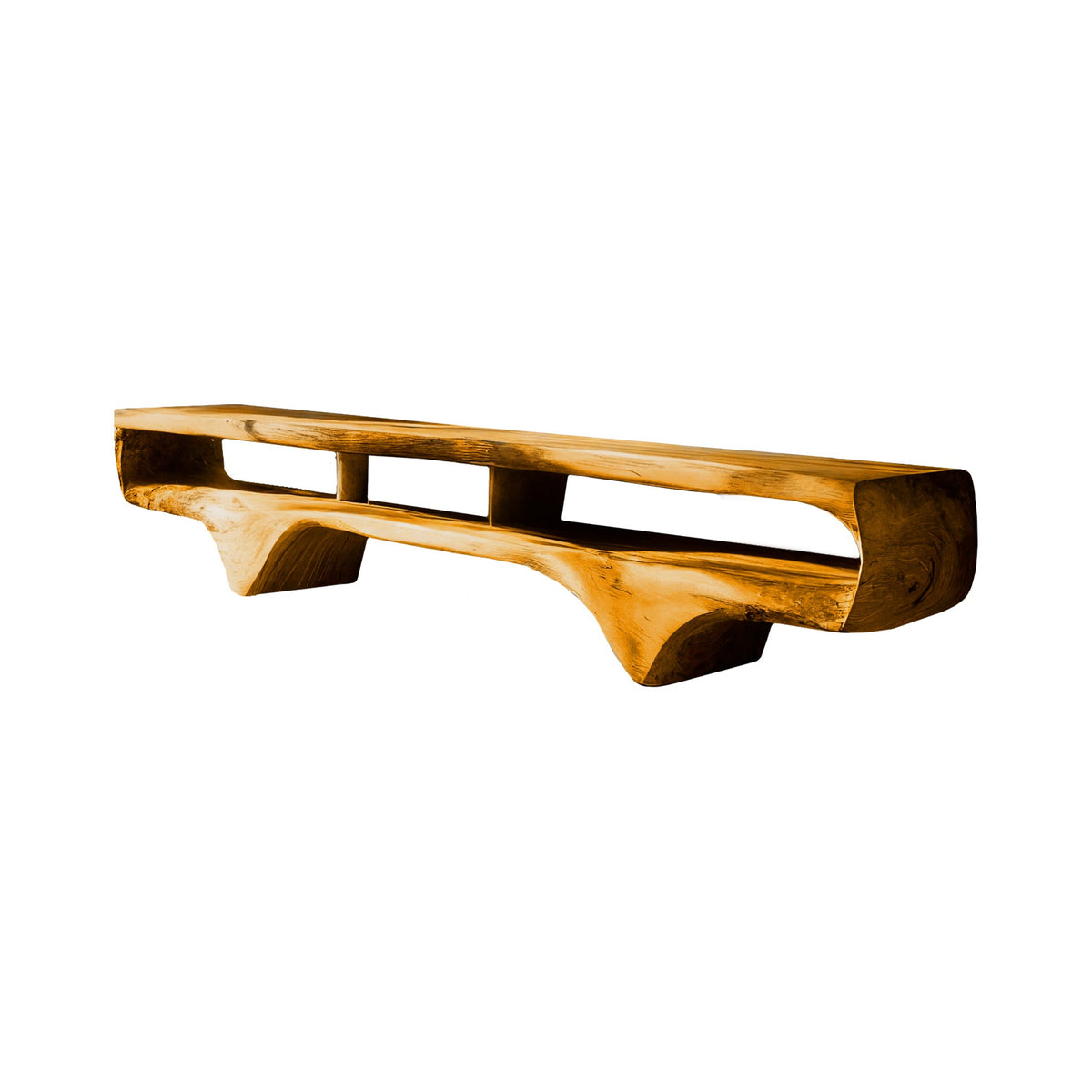Solid Wood Sculptural TV Console with Wave Profile and Open Shelves in Teak finish