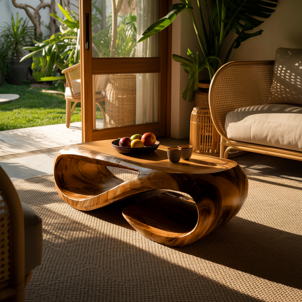 Looping Sculpted Solid Hardwood Coffee Table with Lower Shelf - view 3
