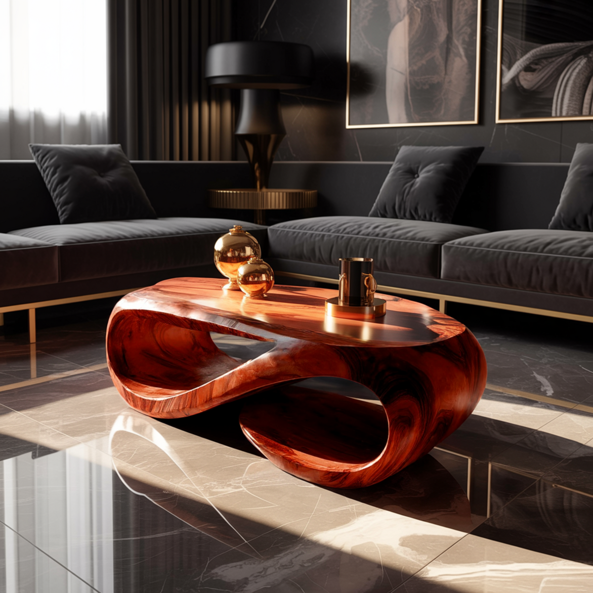 Looping Sculpted Solid Hardwood Coffee Table with Lower Shelf - view 5