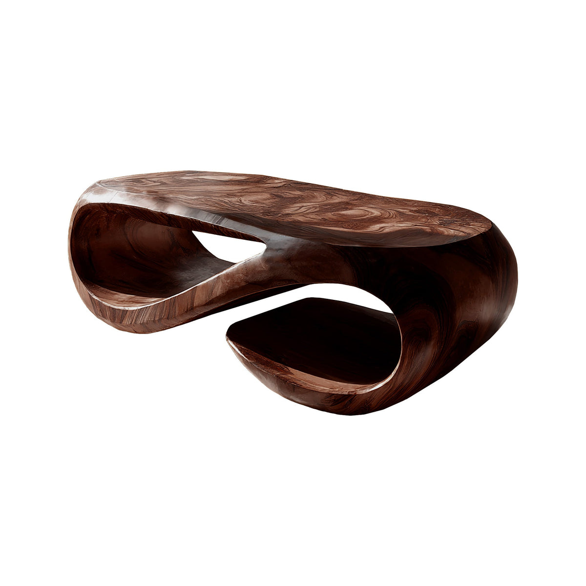 Looping Sculpted Solid Hardwood Coffee Table with Lower Shelf in Dark Walnut finish