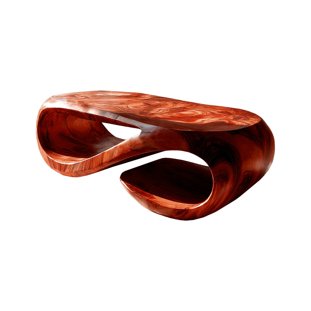 Looping Sculpted Solid Hardwood Coffee Table with Lower Shelf in Mahogany finish