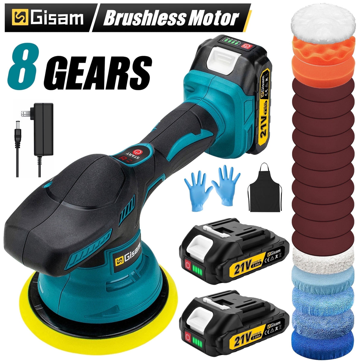 Gisam Cordless Car Buffer Polisher, 8 Variable Speed Auto Orbital Polishing Kit, with 2*21V 2.0Ah Battery for Car Wood