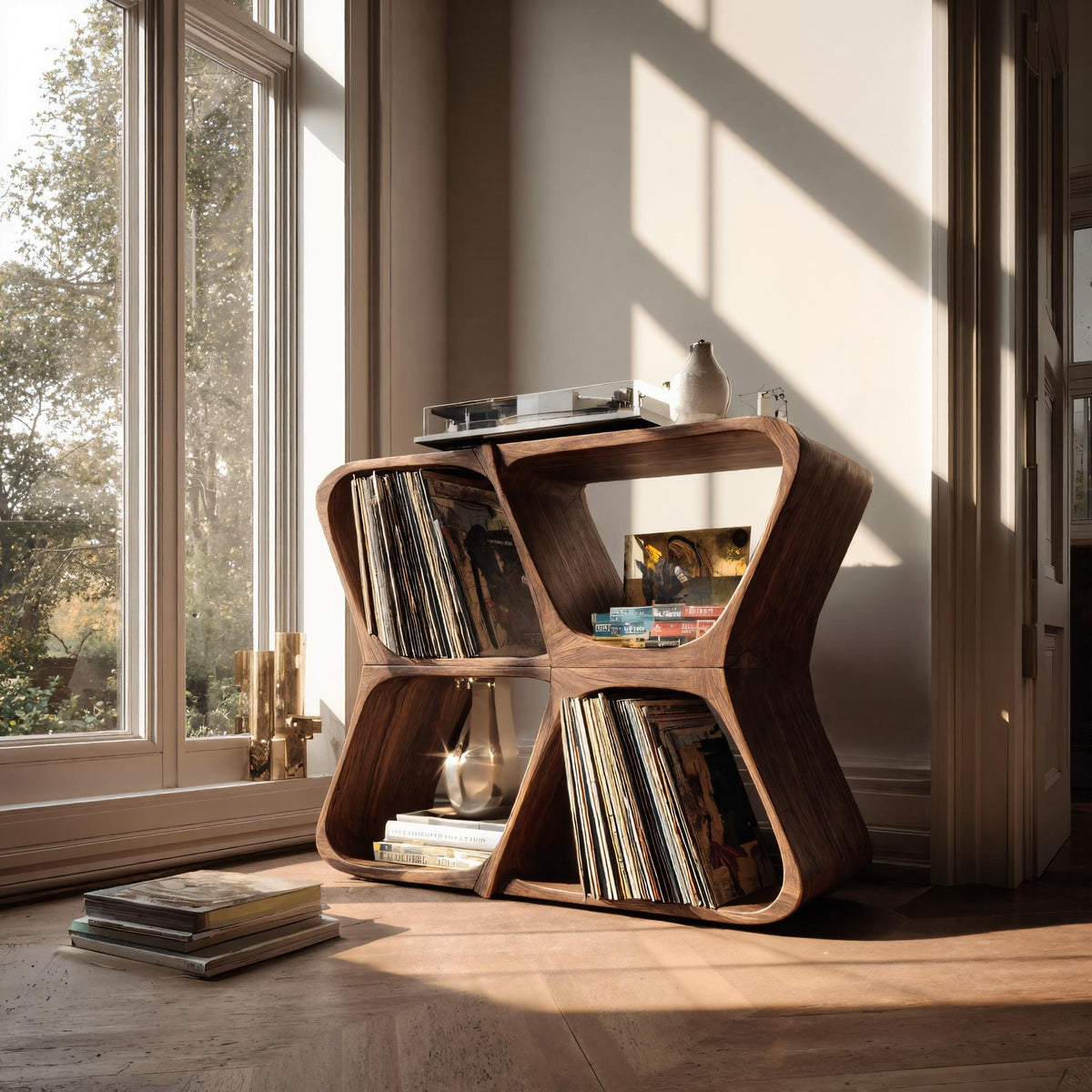 Sculpted Solid Wood Record Player Cabinet with Curved Edges
