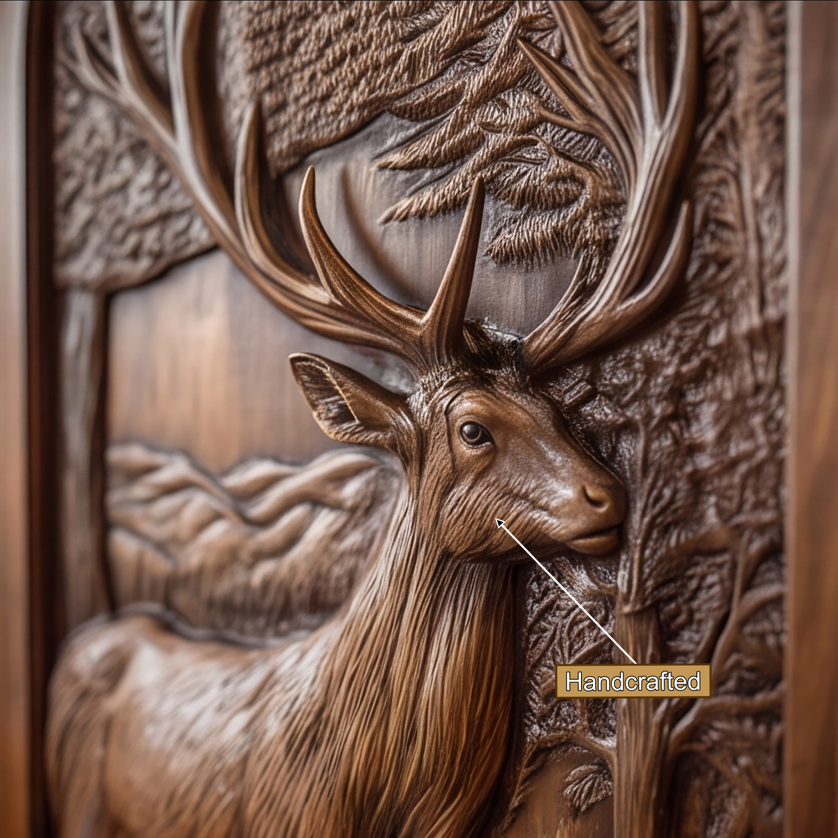 Carved Deer and Mountain Landscape Solid Wood Arched Single Door - view 9