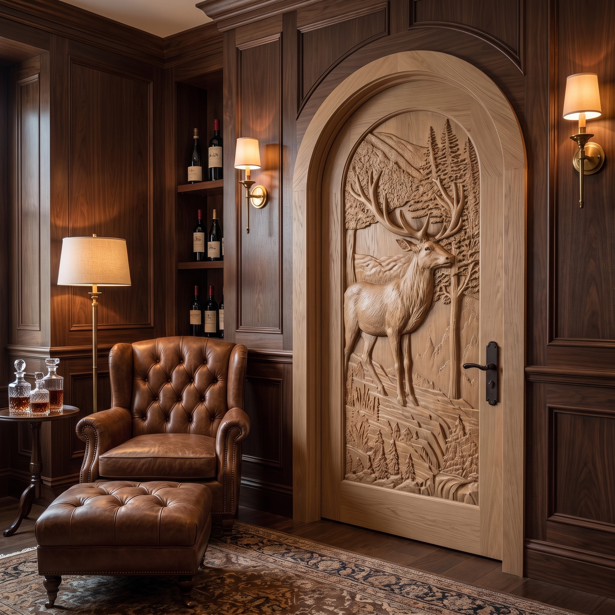 Carved Deer and Mountain Landscape Solid Wood Arched Single Door in Natural Oak finish