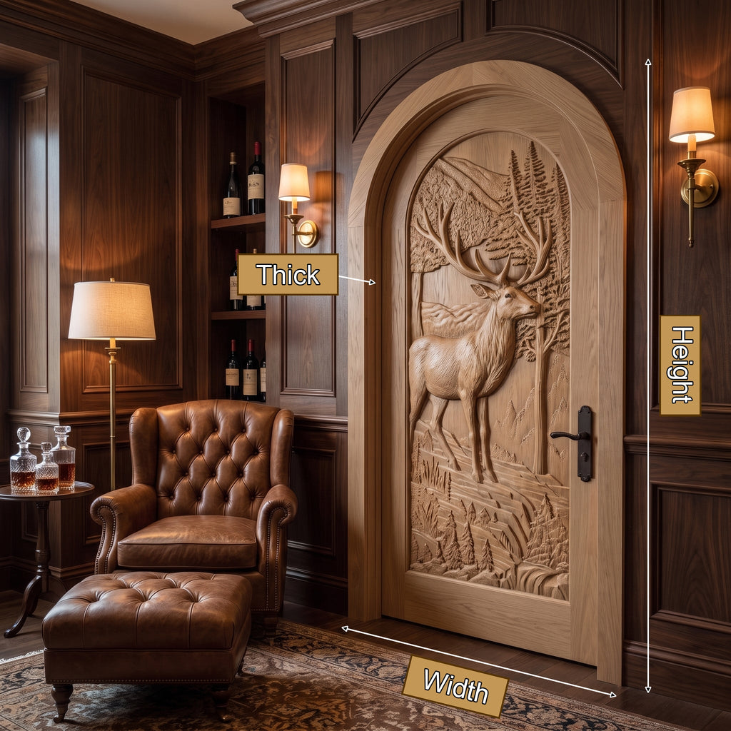 Carved Deer and Mountain Landscape Solid Wood Arched Single Door - view 8