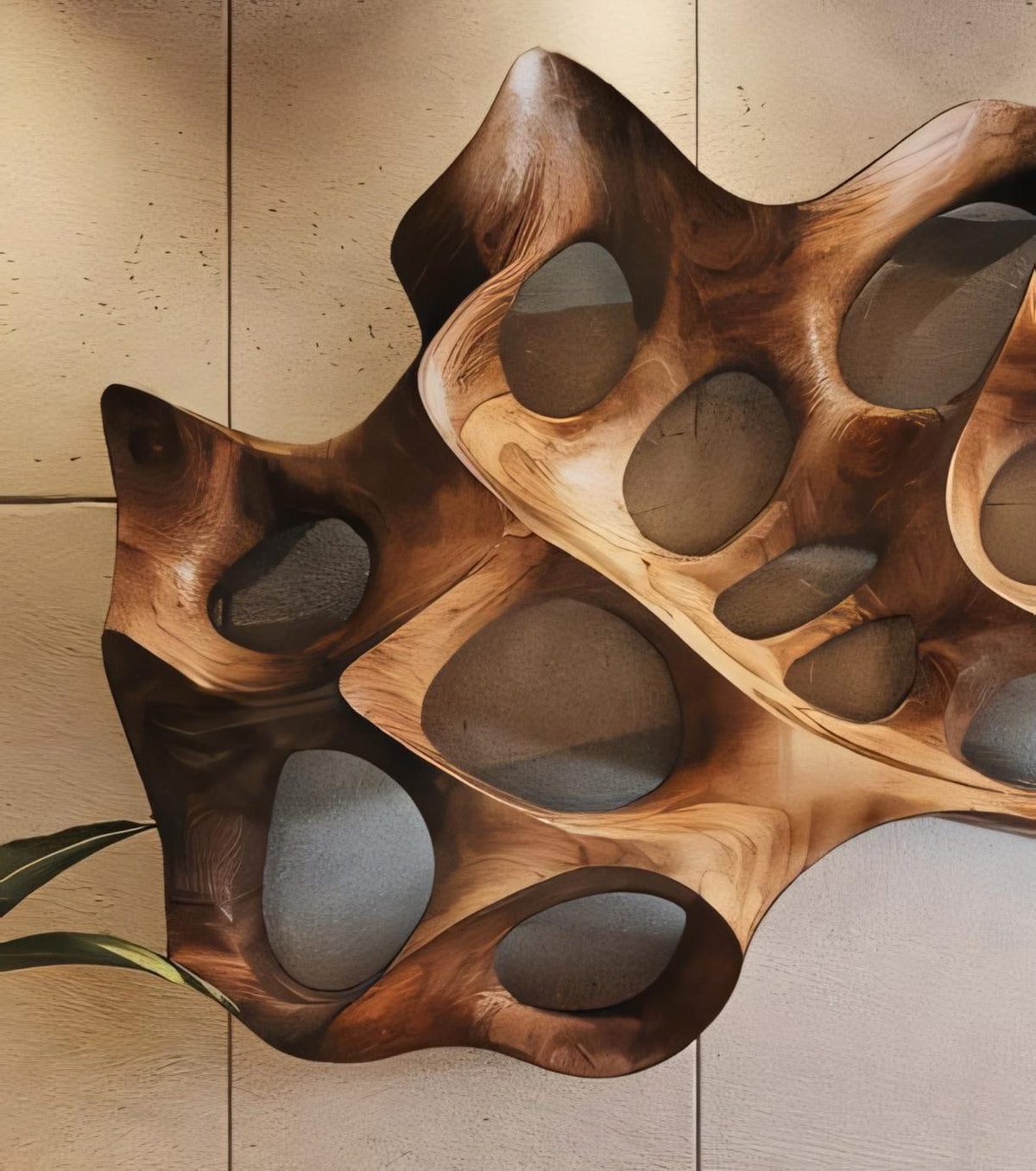 Carved Solid Wood Wall Art Panel in Rustic Modern Style - view 2