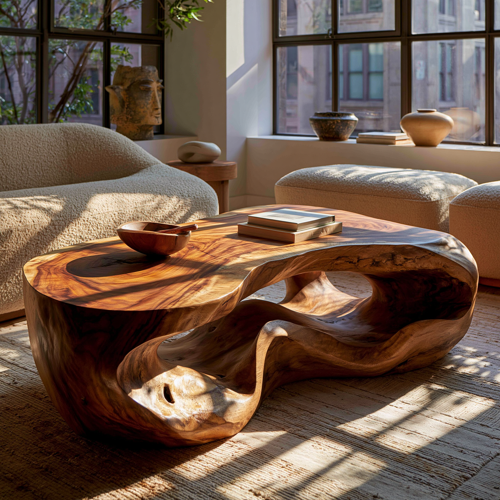 Freeform Sculpted Solid Hardwood Coffee Table with Carved Base