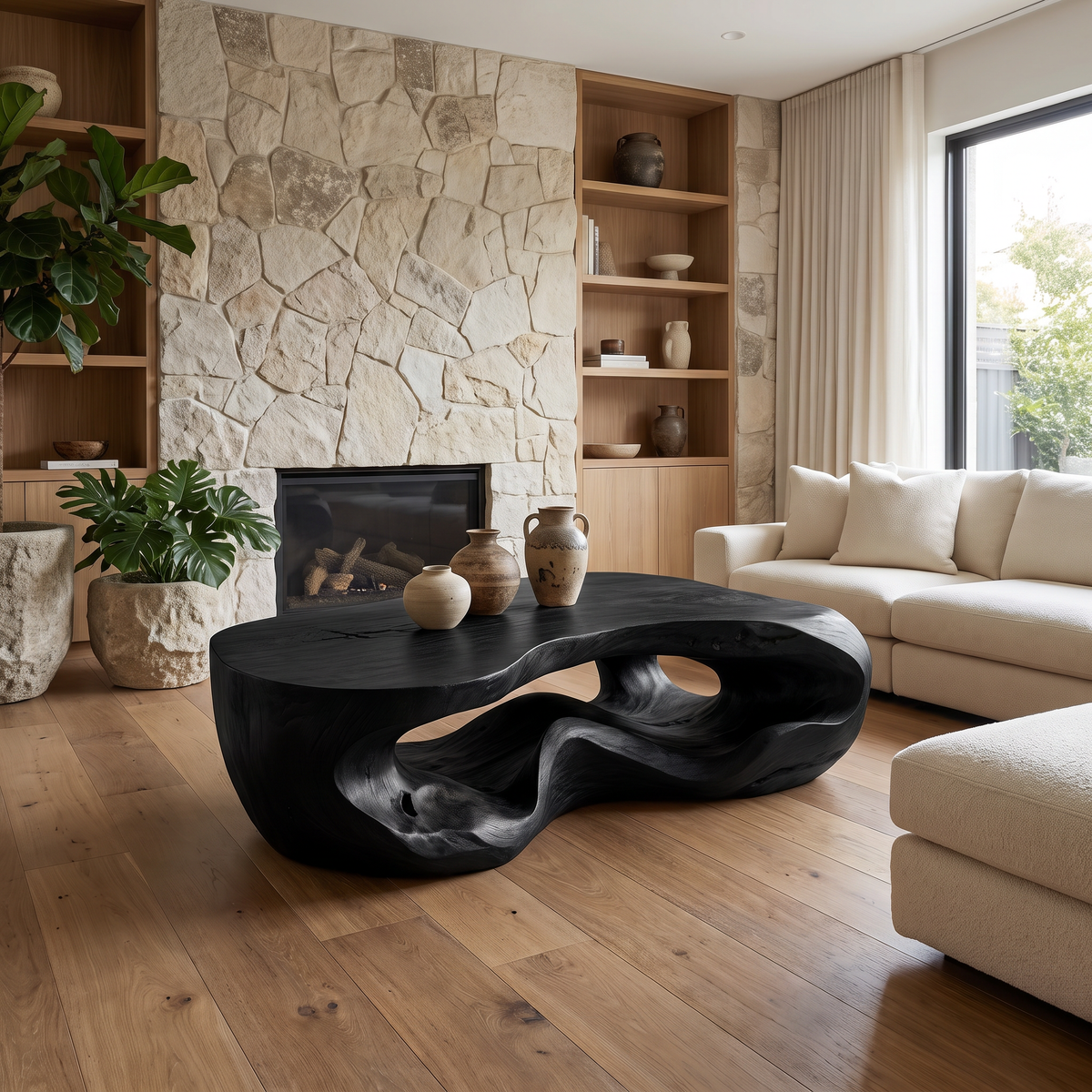 Freeform Sculpted Solid Hardwood Coffee Table with Carved Base in Black finish
