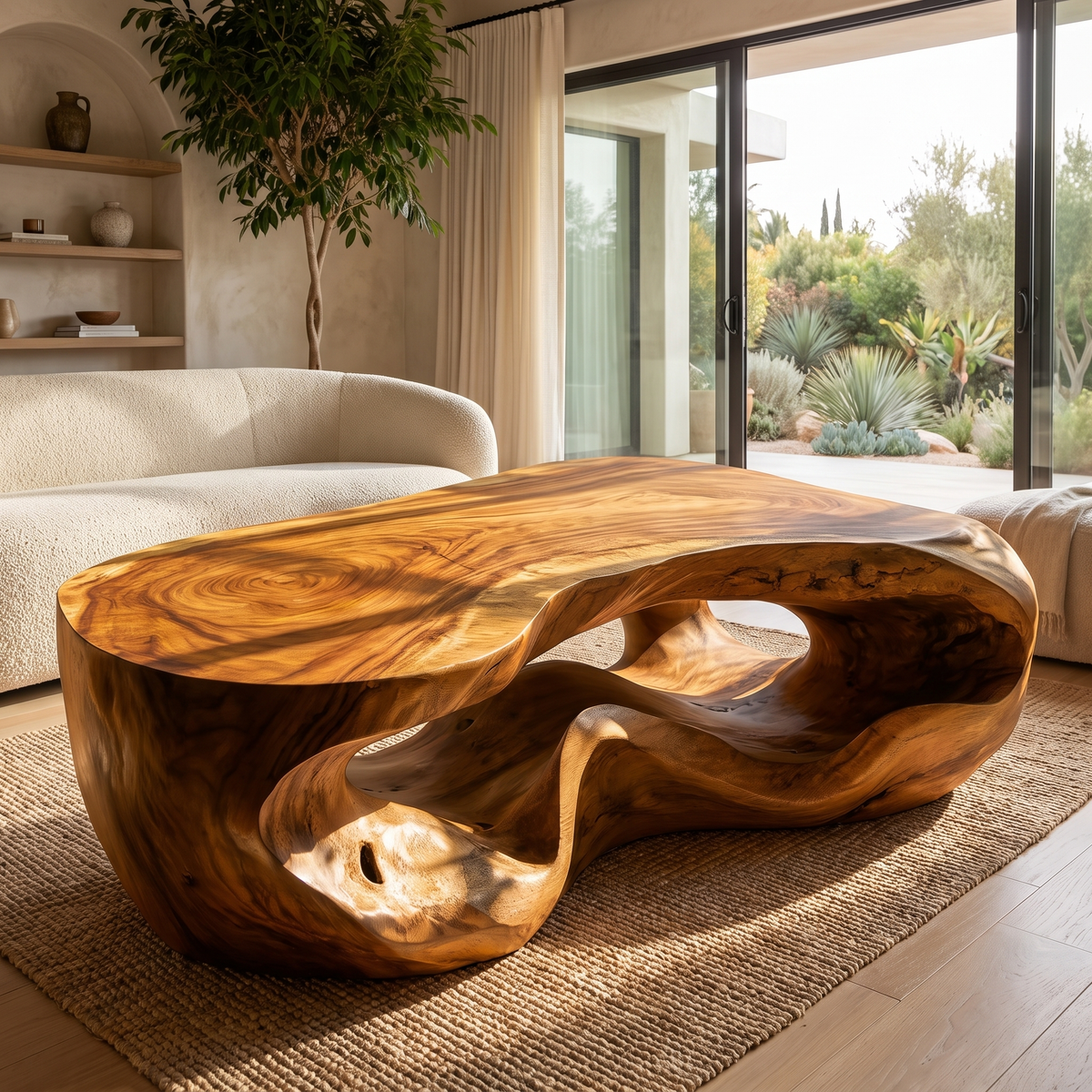 Freeform Sculpted Solid Hardwood Coffee Table with Carved Base in Teak finish