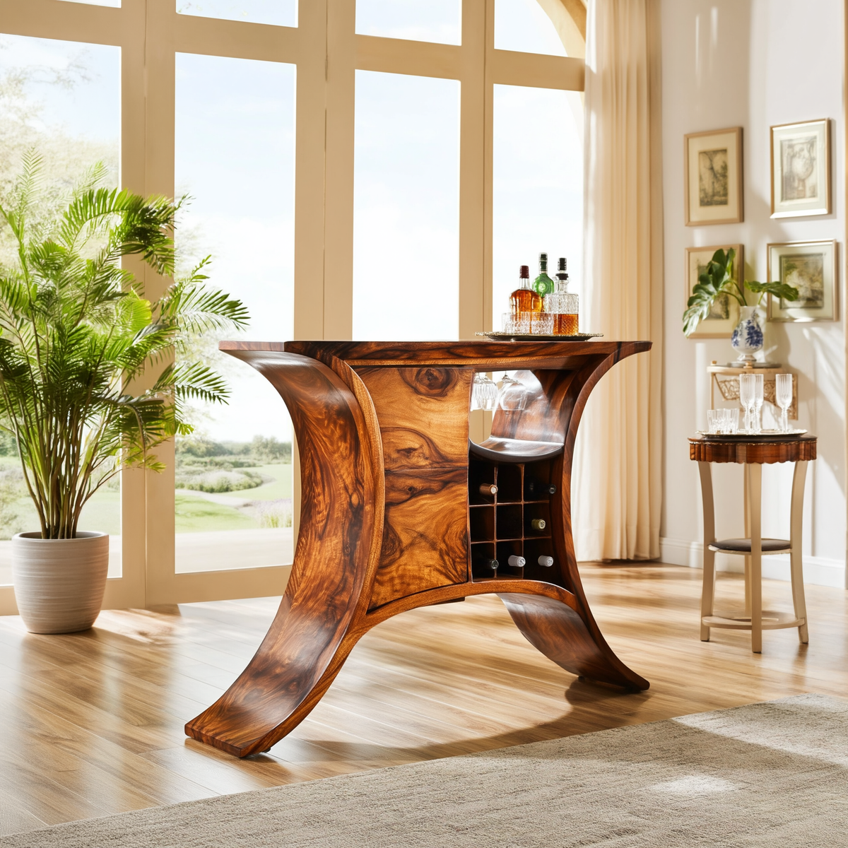 Solid Wood Sculptural Bar Cabinet with Wine and Stemware Storage