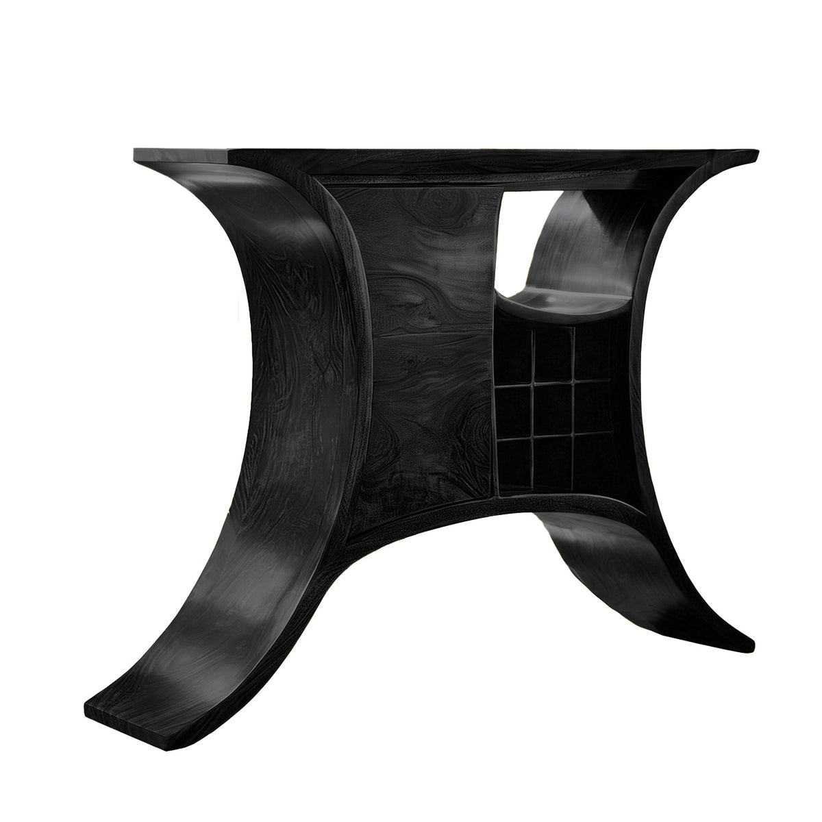 Solid Wood Sculptural Bar Cabinet with Wine and Stemware Storage in Black finish