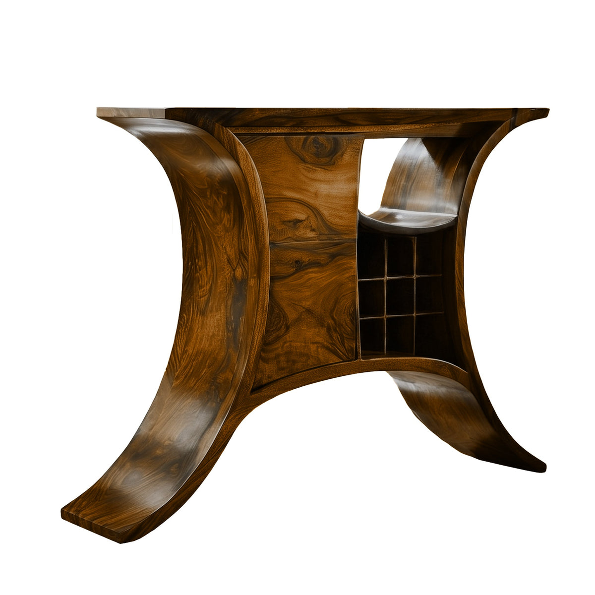 Solid Wood Sculptural Bar Cabinet with Wine and Stemware Storage in Brown finish