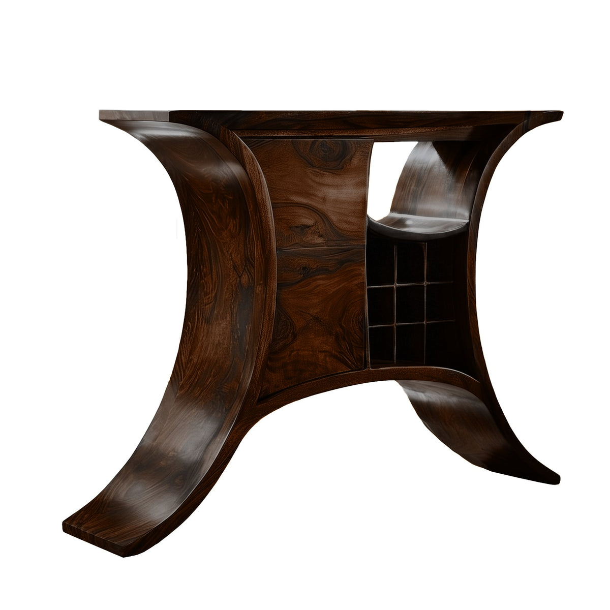 Solid Wood Sculptural Bar Cabinet with Wine and Stemware Storage in Dark Walnut finish