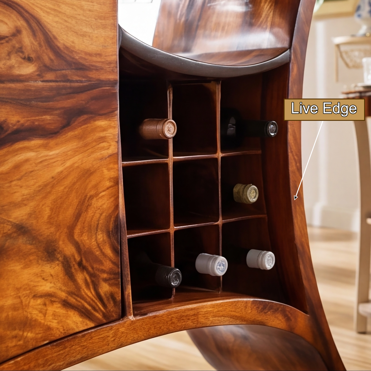 Solid Wood Sculptural Bar Cabinet with Wine and Stemware Storage - view 3