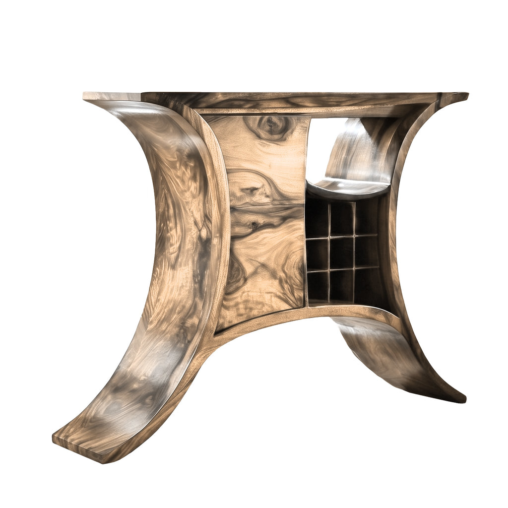Solid Wood Sculptural Bar Cabinet with Wine and Stemware Storage in Natural Oak finish