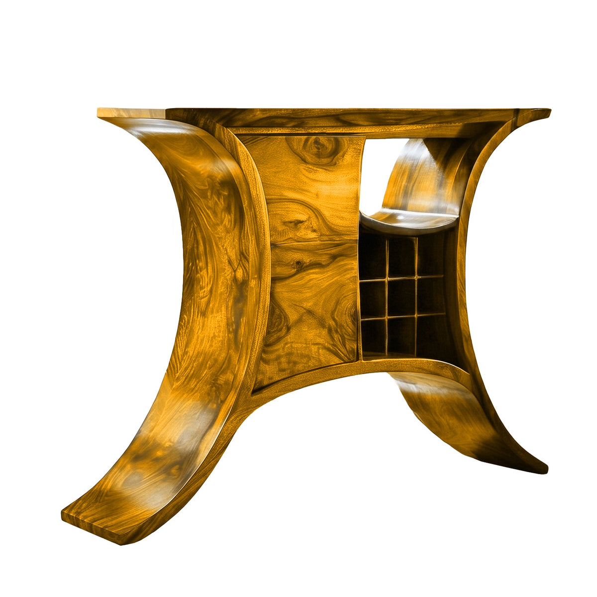 Solid Wood Sculptural Bar Cabinet with Wine and Stemware Storage in Teak finish