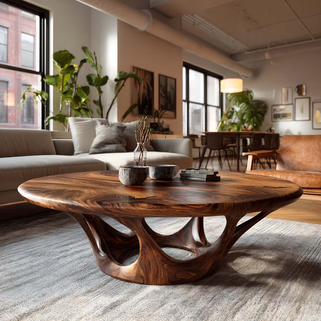 Sculpted Solid Wood Round Coffee Table with Hollowed Base