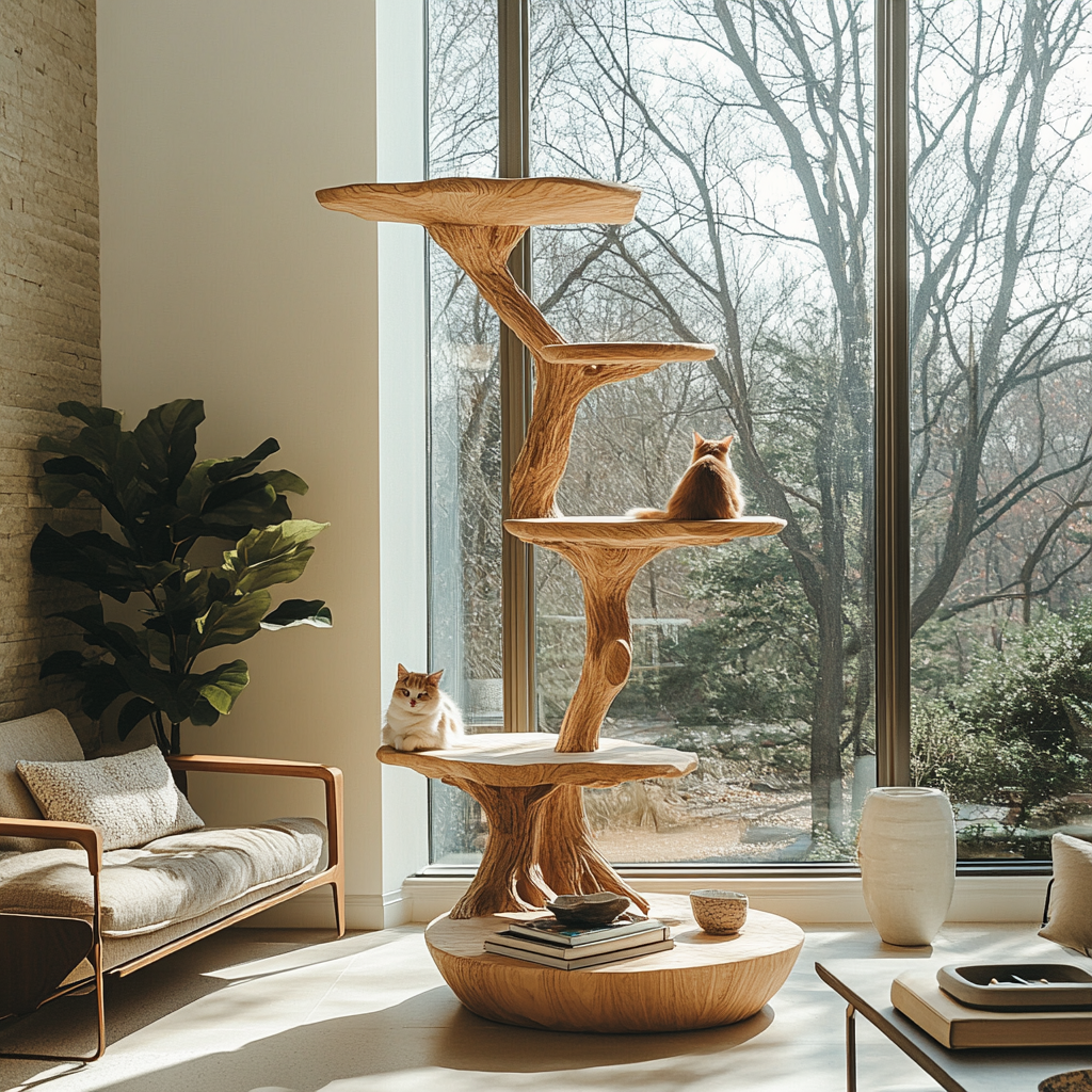 Lignum Sculpted Solid Hardwood Cat Tree with Staggered Platforms