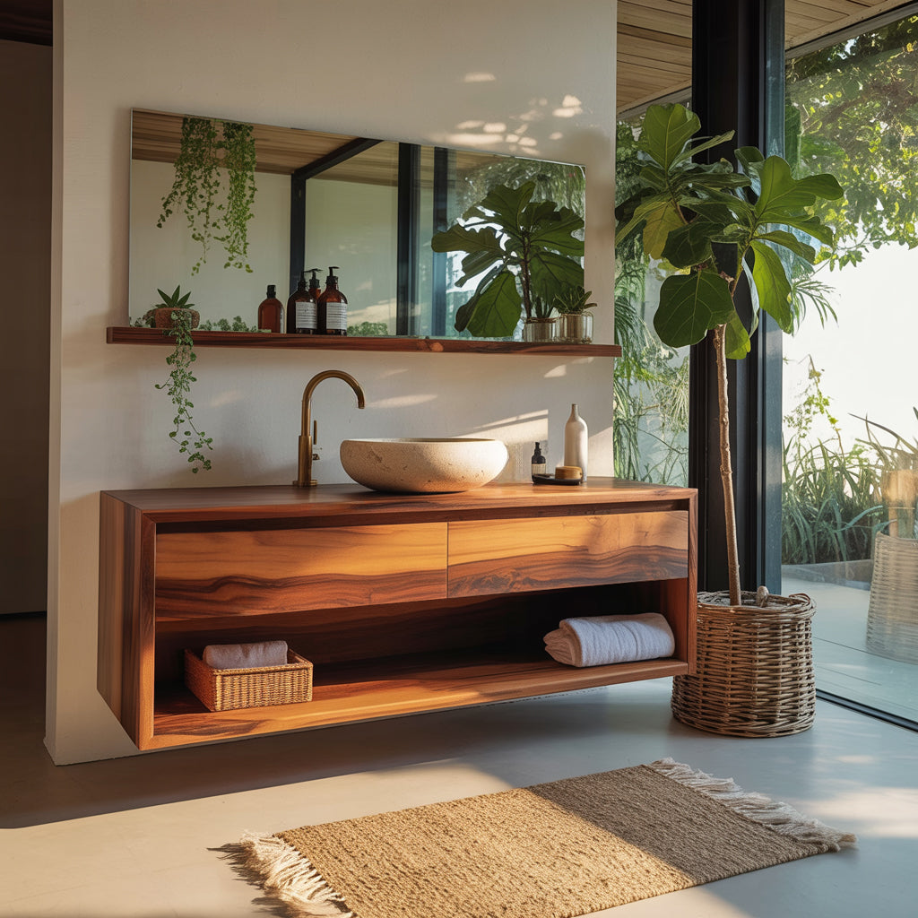 Japandi Solid Wood Floating Bathroom Vanity with Hidden Drawers