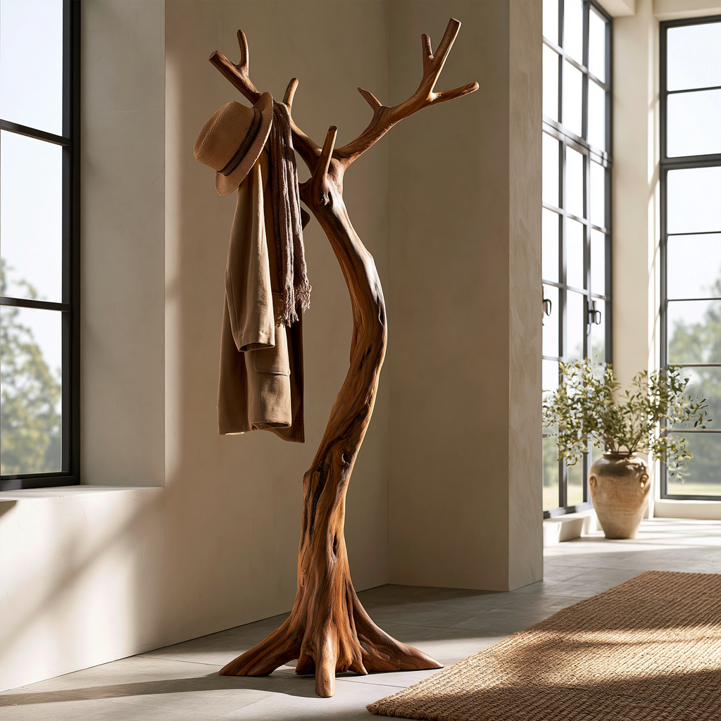 Sculpted Solid Hardwood Tree Coat Rack with Curved Trunk