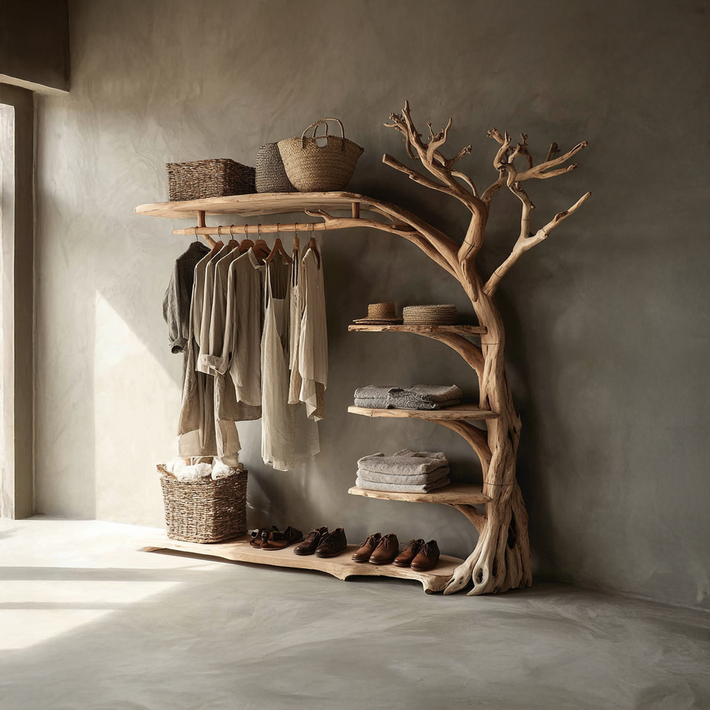 Rustic Tree Branch Coat Rack with Shoe Shelf and Live Edge - view 2