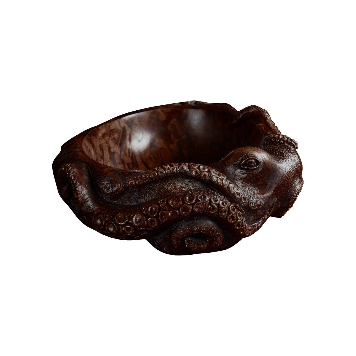 Hand-Carved Solid Wood Octopus Vessel Sink with Sculpted Tentacles in Dark Walnut finish
