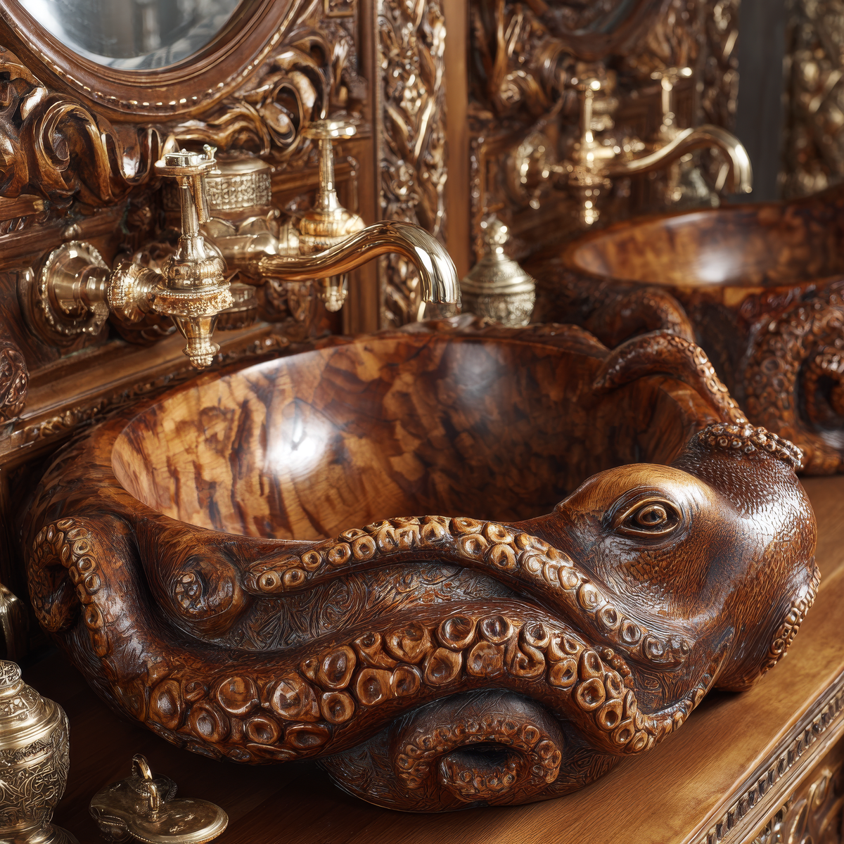 Hand-Carved Solid Wood Octopus Vessel Sink with Sculpted Tentacles