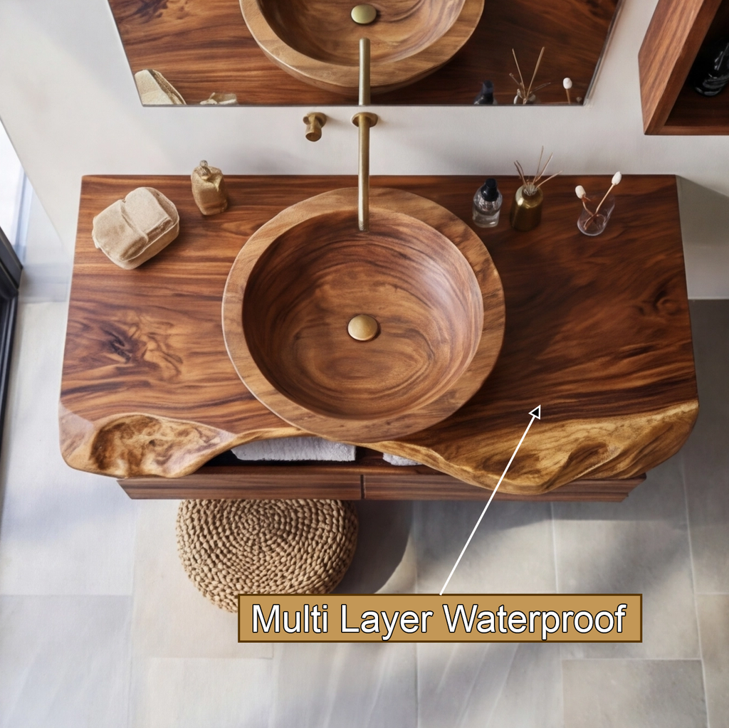 Live Edge Floating Bathroom Vanity with Drawers and Wood Vessel Sink - view 2