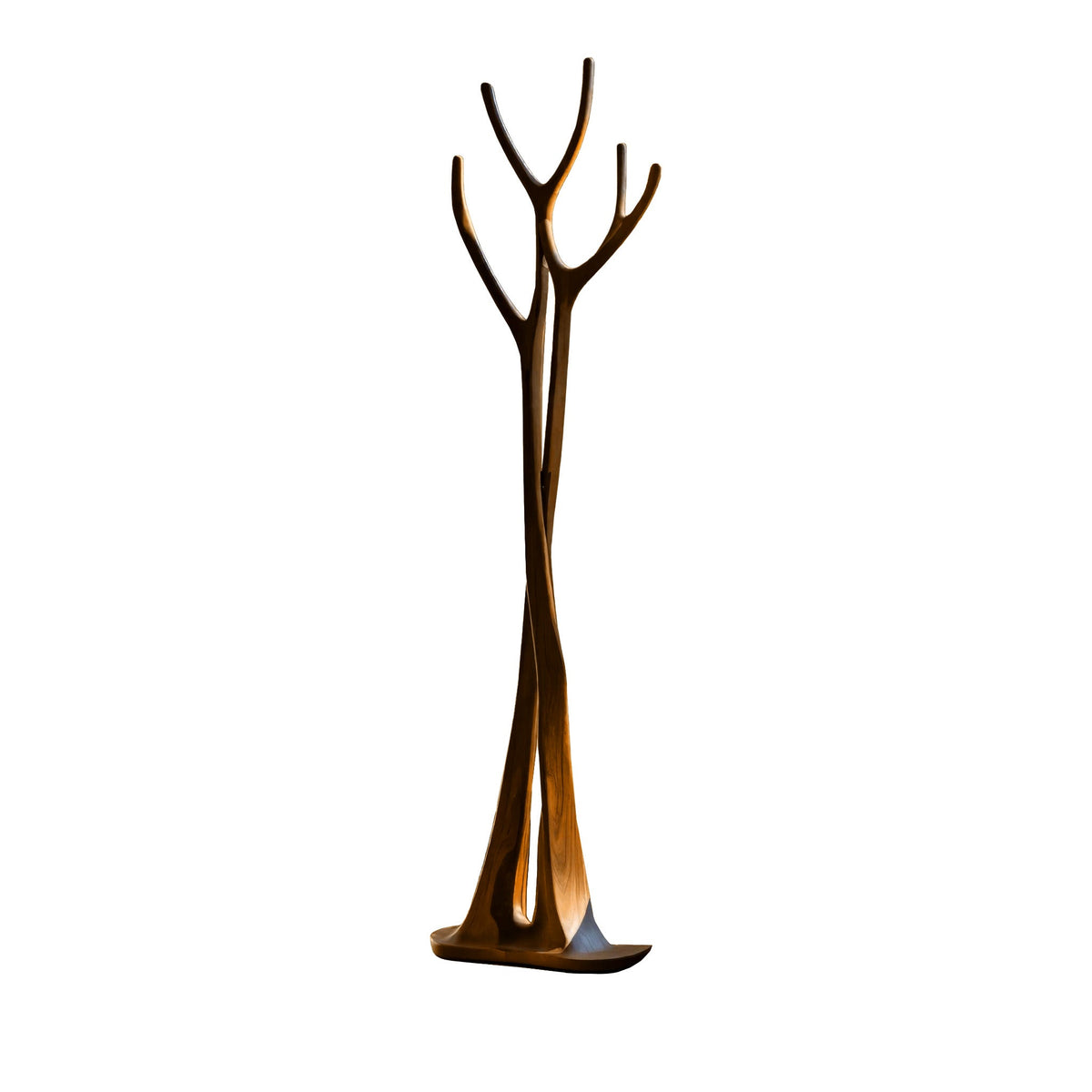 Sculpted Solid Wood Freestanding Tree Coat Rack with Curved Branches in Brown finish