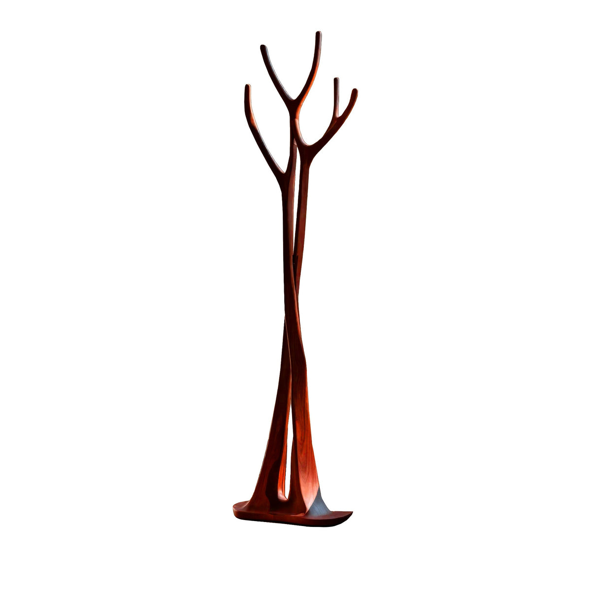 Sculpted Solid Wood Freestanding Tree Coat Rack with Curved Branches in Mahogany finish