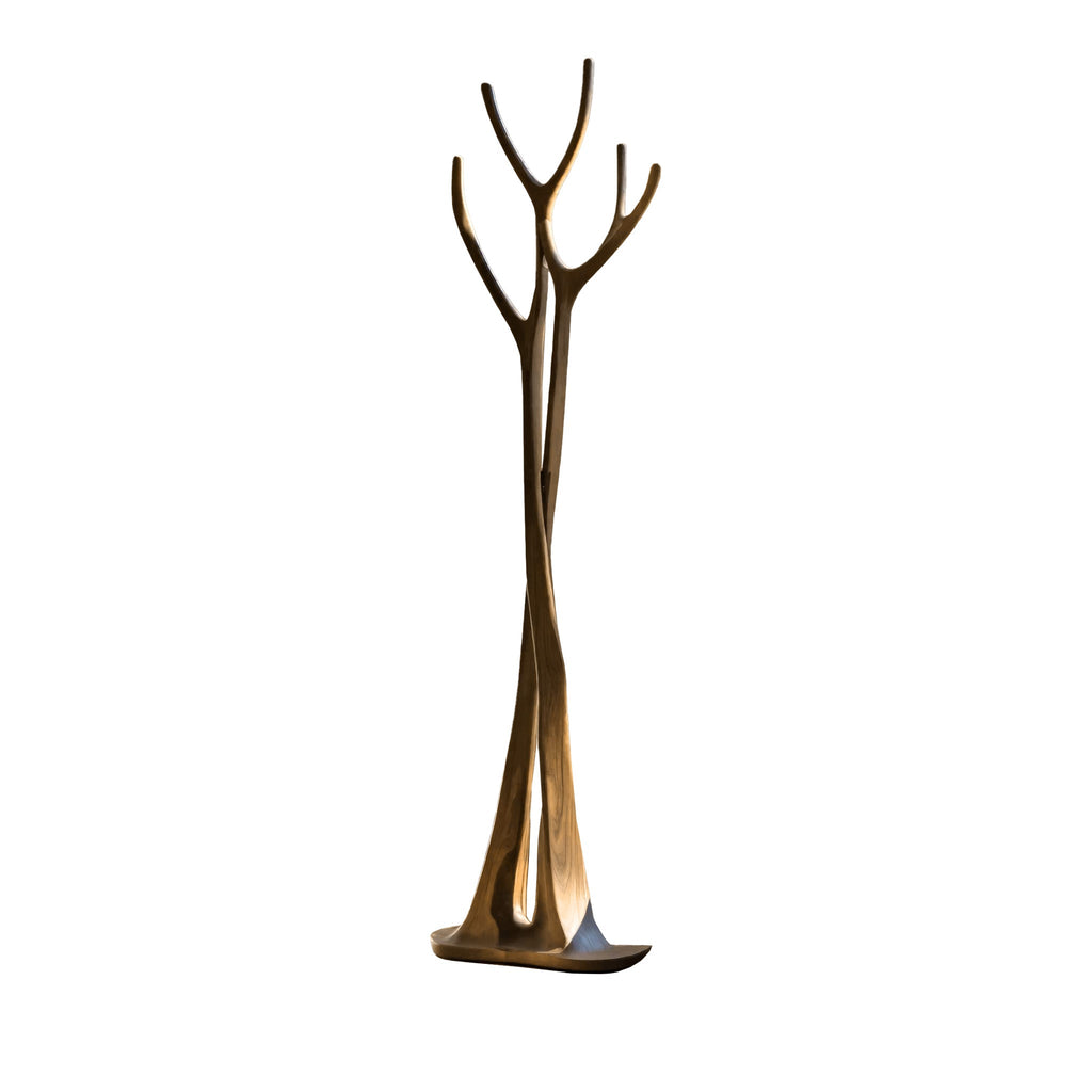 Sculpted Solid Wood Freestanding Tree Coat Rack with Curved Branches in Natural Oak finish