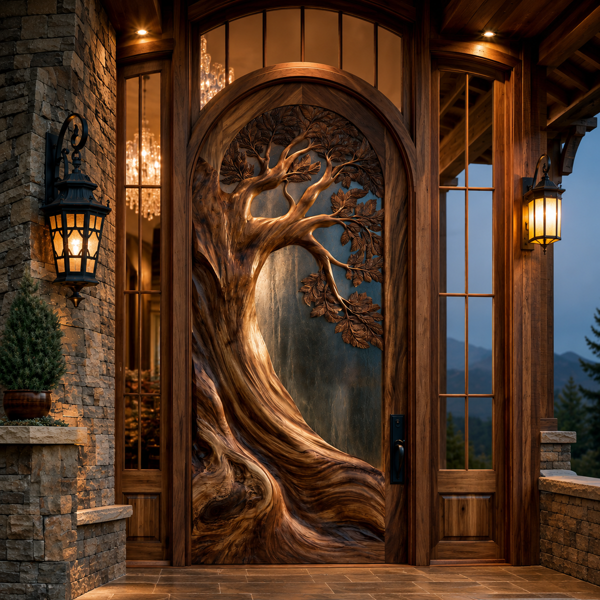 Carved Tree Relief Solid Wood Arched Door with Textured Glass