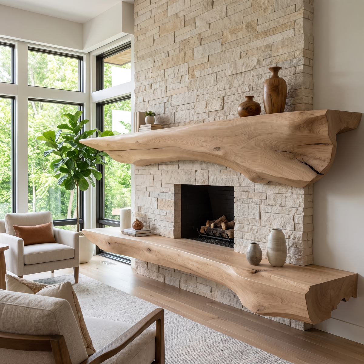 Sculpted Solid Hardwood Floating Fireplace Mantel Shelf in Natural Oak finish