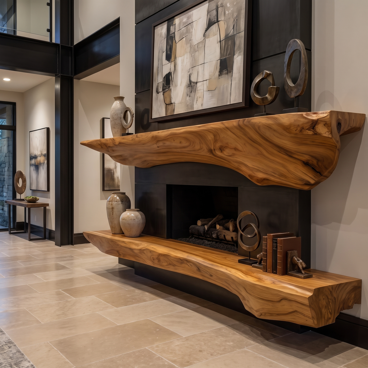 Sculpted Solid Hardwood Floating Fireplace Mantel Shelf in Teak finish